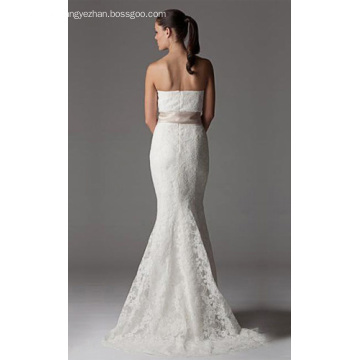 Trumpet Mermaid Strapless Chapel Train Lace Ribbon Wedding Dress